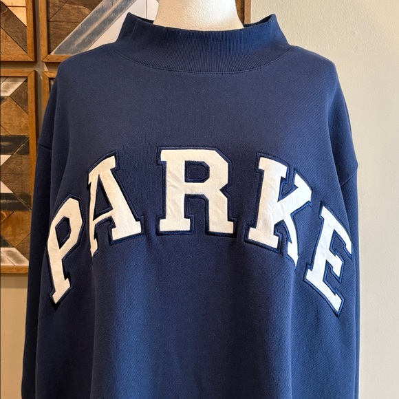 PARKE Heritage Varsity Mockneck in Denim Navy Blue + White size L/XL NEW - Picture 2 of 9